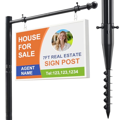 Real Estate Sign Post - Heavy Duty Metal Yard Sign Holder for Outside 7FT Adjustable Realtor Sign Post with Ground Stake for Open House Fits 18X24 To 26 Frame For Sale and Address Signs -Black