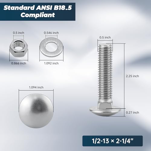 Image of 1 /2-13 x 2-1 /4 Inch Carriage Bolt Kit, 304 Stainless Steel (18-8) with Hex Nuts & Flat Washers - 4 Sets, Round Head Square Neck, Full Thread Coverage by Glvaner