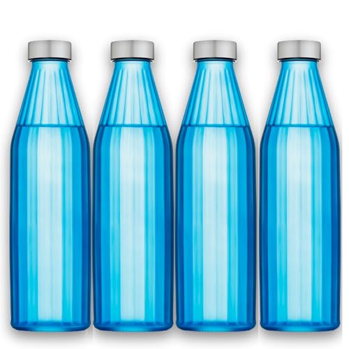 Image of SAND DUNE BlueColour Glass water bottle, 800 ml Each, Set of 4, with Leak-Proof Airtight Stainless-Steel Lid for Water, Smoothie, Juices - Reusable Travel Glass Drinking Fridge Bottles