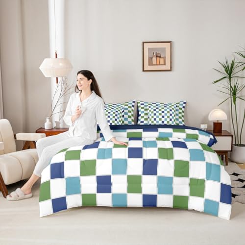 Image of Erosebridal Blue Green Checkered Comforter Set Full Size 7 Piece Navy Teal White Grids Plaid Bedding for Kids Boys Teen Men,Geometric Buffalo Gingham Bed in A Bag Modern Fashion Bed Set Room Decor