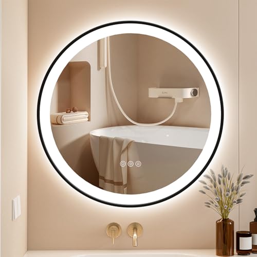 ChillCruiser Round LED Bathroom Mirror 500MM with Black Frame,Bathroom Mirror with Lights,Anti-Fog, Dimmable LED Mirror for Bathroom,Circle Lighted Bathroom Mirror for Wall,3 Colors, Memory