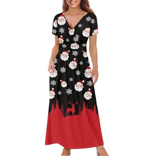 Image of Women's Fall Summer Short Sleeve Ankle Length V-Neck Party Dress with Pockets Size S-3XL