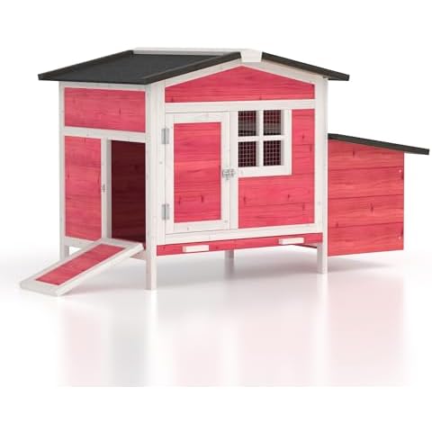 GOJOOASIS Chicken Coop for 2 Chickens Outdoor Rabbit Hutch Chicken House Cage with Ramp & Nesting Box for Small Animals (Red) Cover