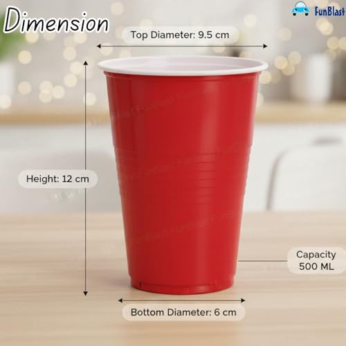Image of FunBlast Party Drinking Glasses - 20 Pcs | 500 ML Reusable Beer Pong & Cocktail Cups | Leakproof, Strong & Durable Plastic Glass Set for Parties, Events & Celebrations (Red)