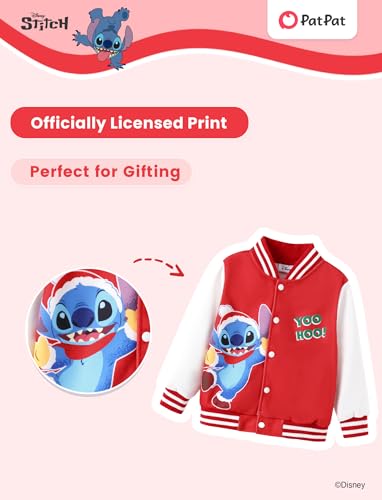 Image of Disney Lilo & Stitch Girls /Boys Christmas Varsity Bomber Letterman School Baseball Jacket Lightweight Sweatshirt Classic Button up Coat 6-7 Years