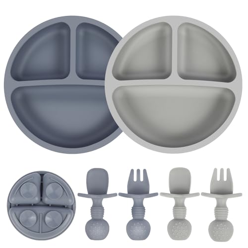 Image of Eascrozn Silicone Baby Utensils, 2 Pack Divided Suction Plates for toddlers, 2 Pack Toddler Forks and Spoons Set, Baby Led Weaning Feeding Supplies, BPA Free, Microwave and Dishwasher Safe