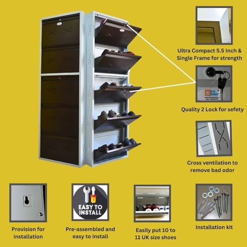 Image of I Metal Shoe Rack I Double Lock I Slim and Wall Mounted I 5 Shelves (Brown Colour) I Coad LC 2M-05 BR I Height 71.5 Inches, Width 24 Inches, Depth 5.5 InchesI 3 Years Warranty.