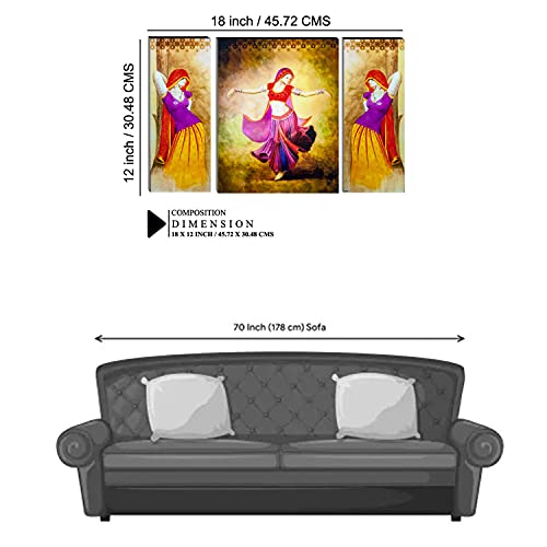 Image of Indianara Set of 3 Dancing Village Women Folk MDF Art Painting (2563FL) without glass 4.5 X 12, 9 X 12, 4.5 X 12 INCH