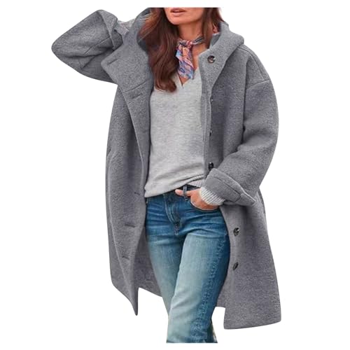 ChicCrate Women's Winter Fashion 2025 Single Breasted Long Wool Coat Fall With Hood Casual Wool Blend Winter Trench Jacket（1-Gray,Small)