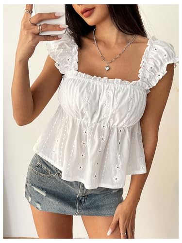 SweatyRocks Women's Square Neck Boho Ruffle Eyelet Embroidery Blouses Peplum Tops3