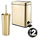 mDesign Metal Freestanding Slim Toilet Bowl Brush and Holder + Rectangle Narrow 5 Liter / 1.3 Gallon Step Pedal Trash Can Wastebasket for Bathroom - Small, Compact Design - Set of 2 - Soft Brass