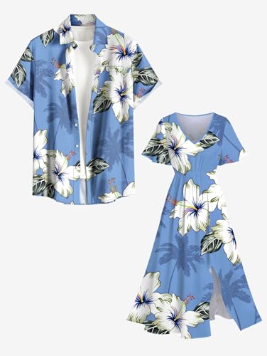 Image of Matchable Couple Hawaiian Sea Beach Starfish Turtle Shell Print Shirt or Plus Size Midi Split A Line Dress