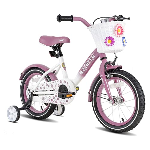 Image of JOYSTAR 14 Inch Kids Bike Little Daisy Girls Bike with Training Wheels Doll Seat Basket & Streamers Princess Kids Bicycle for Girls Toddler Bike 3-5 Years Purple