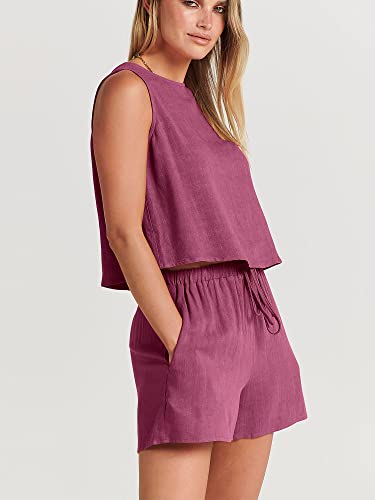 Caracilia Women's Summer 2 Piece Outfits Linen Blend Shorts Sets Crew Neck Sleeveless Crop Tank Top And Shorts Romper With Pockets C80A6-Meihong-S #TOP3