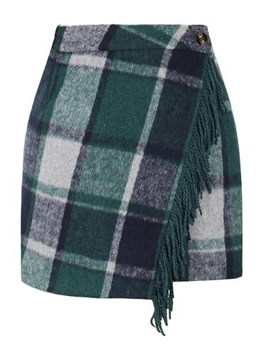Tanming Plaid Skirts for Women High Waist Bodycon Pencil Fringe Mini Skirts Fall Winter Wool Wrap Skirt