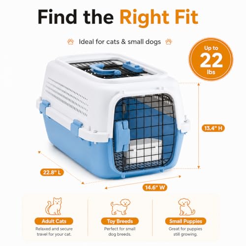 23" Airline Approved Cat Carrier Hard Shell, Dual-Entry Pet Carrier with Top & Front Doors, Detachable Food Bowl & Secure Lock, Breathable Dog Carrier for Cats & Small Dogs Up to 22 lbs - Blue - Image 3
