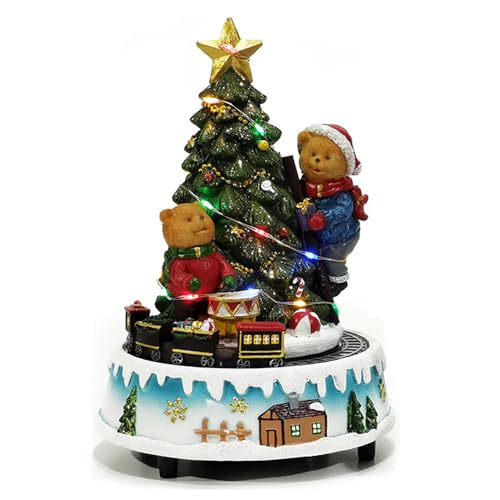 COSE DA CASA Giostra Carillon Natalizia con Luci Suoni Trenino in Movimento Villaggio Albero con Stella Oro Orsetti H.21,5 cm Decorazione Natale in Scatola Regalo