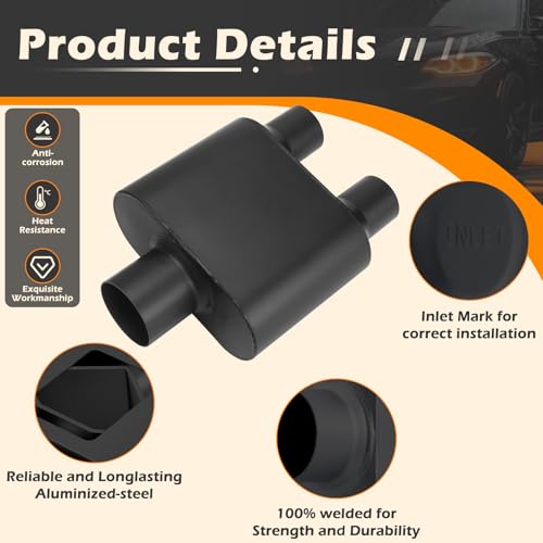 Image of A-KARCK Universal Exhaust Muffler 3 inch Center Inlet 2.25 inch Dual Outlet, 13 inch Overall Length Aluminized Steel Aggressive Sound Race Muffler for Cars, Trucks (Black)