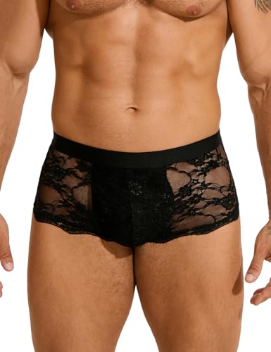 ohyeahlady Transparente Boxershorts Herren Sexy Unterwäsche für Mann Spitze Unterhosen Große Größen Reizwäsche Sissy Höschen Durchsichtige Slips Bulge Boxer Underwear Clubwear Schwarz XXL