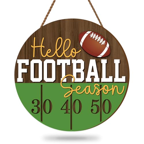 Whaline Football Wooden Hanging Sign Hello Football Season Wall Plaque Football Game Sports Welcome Wreath Sign Door Hanger for Farmhouse Home Wall Window Porch Tabletop Party Decor Supplies