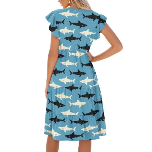 Image of Womens Summer Dress Ruffle Sleeve V Neck Dress Casual Fit Flowy Beach Vacation Sundress with Pocket S-2XL