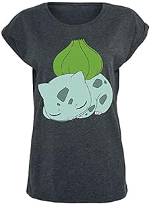 Pokémon Bulbizarre Femme T-Shirt Manches Courtes Gris Sombre chiné M 60% Coton, 40% Polyester Large