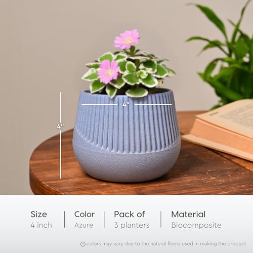 Image of Eha Earth Friendly Oreo 4 inch Small pots for Indoor Plants | Set of 3 | Plant Pot Made with Bamboo Fibers | Table Top Planters for Home Decor and Office, Flower Pot for Living Room | Azure