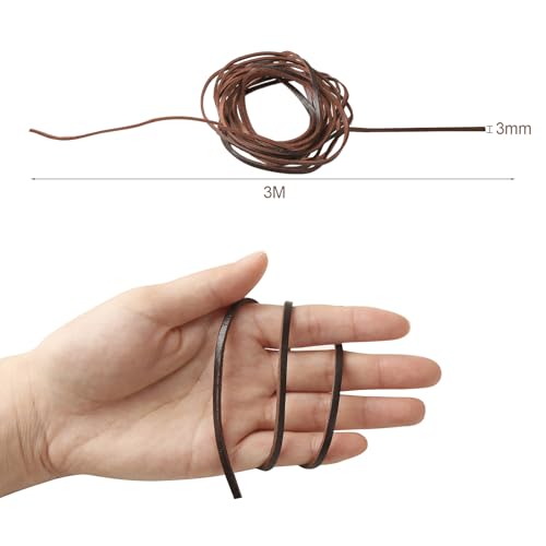yumcute Lederband Kette, 3mm×3m Lederriemen Meterware Echtes Leder, Braun Lederbänder Flach Band Armband Basteln, Lederschnüre für Leder Schuhspitzen, Halskette, DIY Handwerk und Schmuck Herstellung