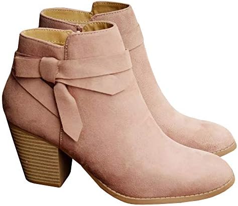 PiePieBuy Women's Tie Knot Chelsea Pump Ankle Boots Closed Toe Stacked Heel Booties Shoes