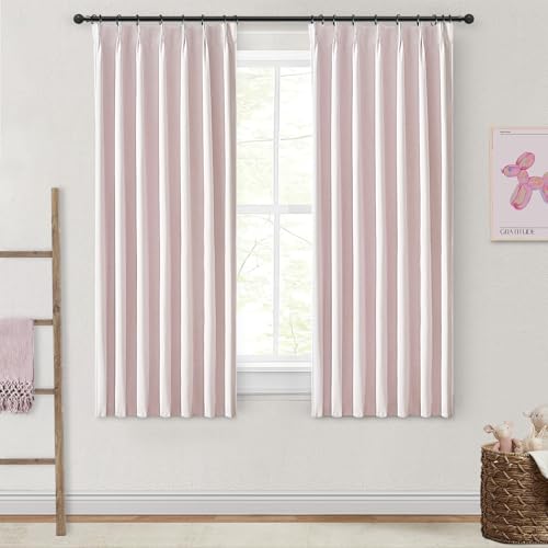 Image of Light Soft Pink Room Darkening Drapes 63 Inches Long 2 Panels Set for Kitchen, Modern Pinch Pleat Blackout Natural Linen Curtains Thermal Insulated with Back Tab Curtain 63 Inch Long Cafe Window Burg