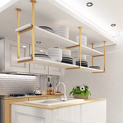 HDDNMLOH Rustic Hanging Wine Rack with 2 Tiers for Kitchen Dining Room or Bar Solid Wood & Iron Ceiling Shelf Easy to Install Multifunctional Storage Organizer Gold Finish 80x30x80cm