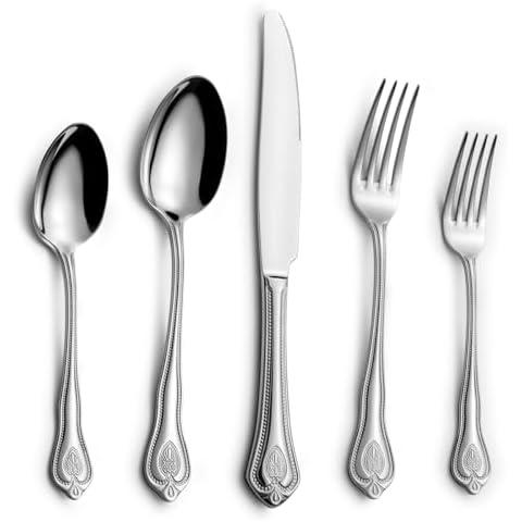 Regent Bead Flatware Set, 5-Piece Stainless-Steel Luxury Silverware Set Service for 1, Pearled Edge Tableware Cutlery Include Knife/Fork/Spoon, Dishwasher Safe Cover