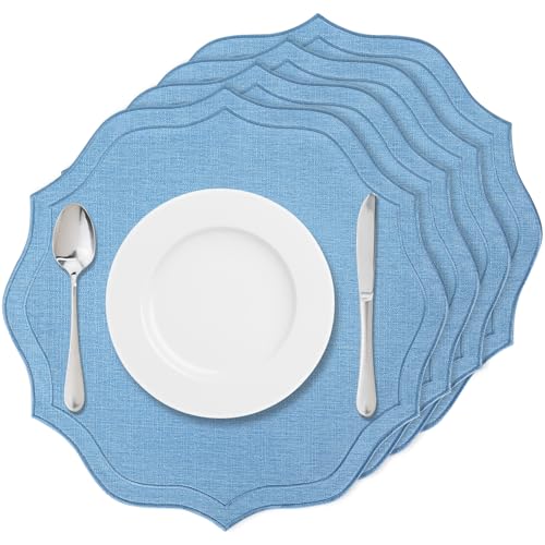 Set of 4 Cotton Linen Placemats, 15x15 Round Scalloped Cloth Table Mats, Embroidery Machine Washable, Wrinkle Resistance Fabric Place Mats for Wedding...