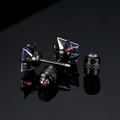 Fibo Steel 5 Pairs Titanium Screw Back Surgical Stainless Steel Stud Earrings For Women Men,Rainbow 5A Cubic Zirconia Studs Double Side Earrings Piercing Sleeper Studs Jewelry 6Mm Black Square #TOP4