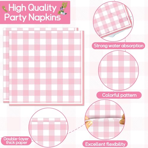 Image of 200 PCS Pink Checkered Tableware Disposable Pink And White Checkered Party Supplies Dinnerware Set Plaid Plates Outdoor Supplies Girls Barbecue Picnic Birthday Party Decoration Serve 50 guest