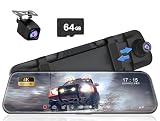 Udatuhao 10' Mirror Dash Cam, 4K FHD Rear View Mirror Camera with Smart Touch Screen, Dual Dash Camera for Cars, Loop Recording, G-Sensor, Reverse Assist,Parking Monitor,Night Vision,Free 64GB Card