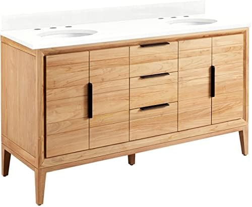 Signature Hardware 459281 Aliso 60" Free Standing Double Vanity Set with Teak Cabinet, Vanity Top, and Oval Undermount Sink - 8" Faucet Holes - Natural Teak/Feathered White