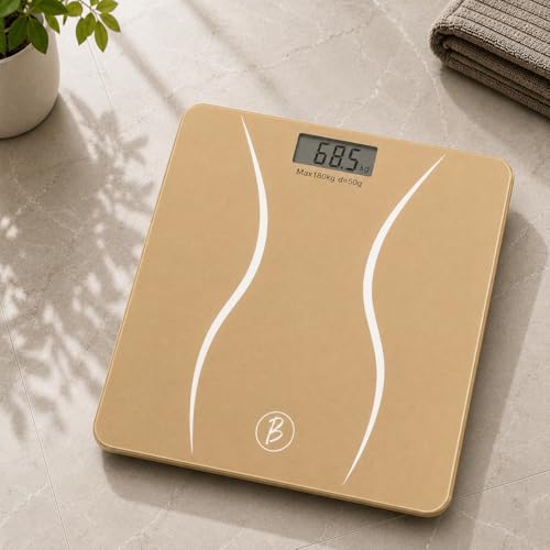 Image of Btag Premium Digital Body Weight Scale | 26x26 cm Wide Platform | Clear LCD Display | Anti-Skid Base | 180 kg Capacity S-Shape Design (Camel)