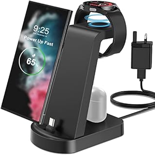 VCVS 18W 3-IN-1 Fast Wireless Charger compatible with Samsung Galaxy S23, S22, S21, S20, S10, S9, Z Flip, Z Fold, Note 20, 10, A51, A52, A53, Samsung Galaxy Watch 5, 4, 3, Active 2, 1, Galaxy Buds