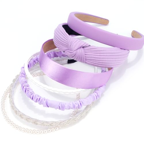 VELSCRUN Headbands for Women 7 Pcs Different Bright Purple Knotted Solid Pearl Head Bands Non Slip Hair Band for Womens Gilrs Thin Thick Short Hair Fashion Accessories