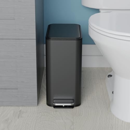 Glad Slim Bathroom Trash Can - Small Garbage Pail with Soft Close Lid & Step Foot Pedal | Narrow Black Metal Waste Basket with Removable Inner Bucket, 2.6 Gallon by Glad - Image 2