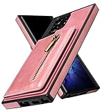 Design for Samsung Galaxy S22 Ultra Case Wallet,Dual Layer Premium PU S22 Ultra Leather Case with Credit Card Slot Cash Zipper Holder Flip Magnetic Closure,Protective Samsung S22 Ultra 5G (Rose Gold)
