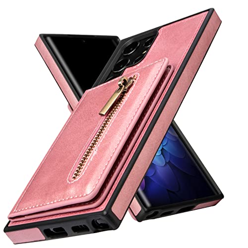 Design for Samsung Galaxy S22 Ultra Case Wallet,Dual Layer Premium PU S22 Ultra Leather Case with Credit Card Slot Cash Zipper Holder Flip Magnetic Closure,Protective Samsung S22 Ultra 5G (Rose Gold)