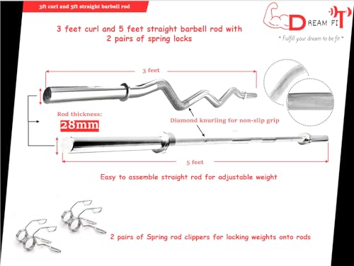 Image of DREAM FIT Premium Solid Chrome Plated 3 feet Curl Rod and 5 feet Straight Rod (28mm thick) with 2 pairs of spring locks - barbell bar for home gym (3 feet curl and 5 feet straight rod)