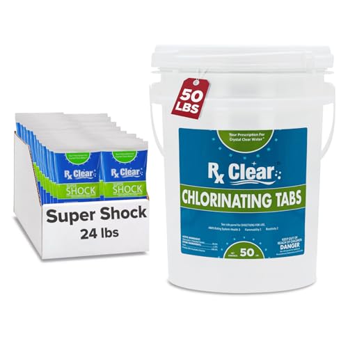 Rx Clear 50 lbs 3\" Chlorine Tablets & 24 lbs Super Shock Kit | Chlorinating Tabs and Shock for Sanitizing Swimming Pools | Long Lasting, Slow Dissolving, & UV Protected