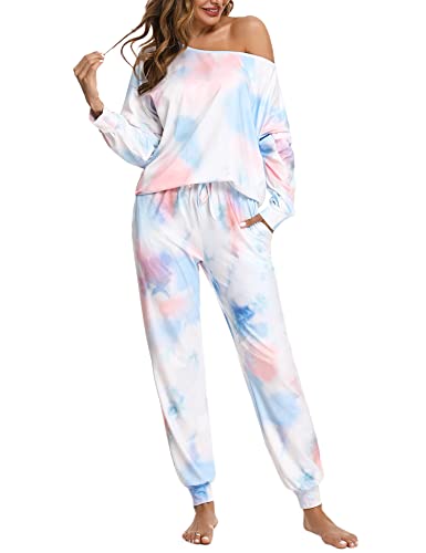 Uniexcosm Pyjama Femme Long Ensemble de Pyjama Femme Hiver Col Rond Manches Longues Pyjama Femme Ensemble avec Poches Latérales B-Imprimé Bleu Rouge Vert M Cover
