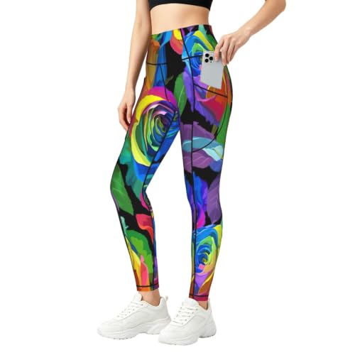 Pantalones de yoga con bolsillos QYUHBNS y estampado de rosas multicolor para fitness