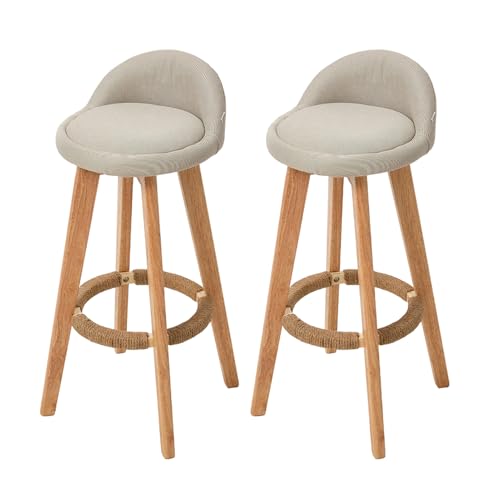 Warmiehomy High Breakfast Bar Stools Set of 2 Kitchen Island Bar Stools with Solid Wood Legs Modern Linen Fabric Barstools Set of 2 for Kitchen Counter, Dining Room, Pub, Bistro, Cafe, Beige