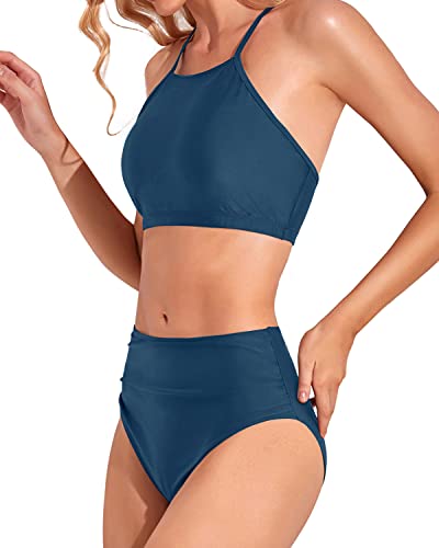 Holipick Two Piece Swimsuit For Women High Neck Bathing Suits Teen Junior Bikini Athletic Halter Swimwear Dark Blue #TOP2