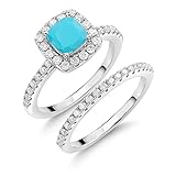 Gem Stone King 925 Sterling Silver Gemstone Birthstone Wedding Engagement Ring Band Bridal Set For Women | Cushion Cut 6MM with Round 1.3MM Accents | Elegant Halo Design | Sizes 5-9